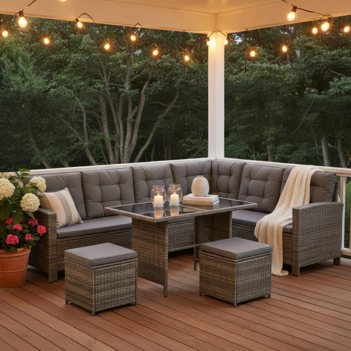 6-Piece Rattan Cushioned Patio Set with Glass Table - Maeve Living
