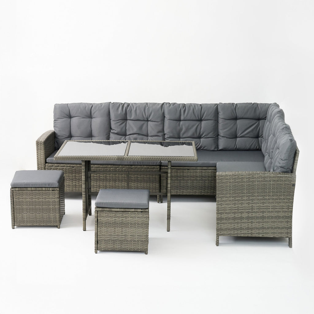 6-Piece Rattan Cushioned Patio Set with Glass Table - Maeve Living