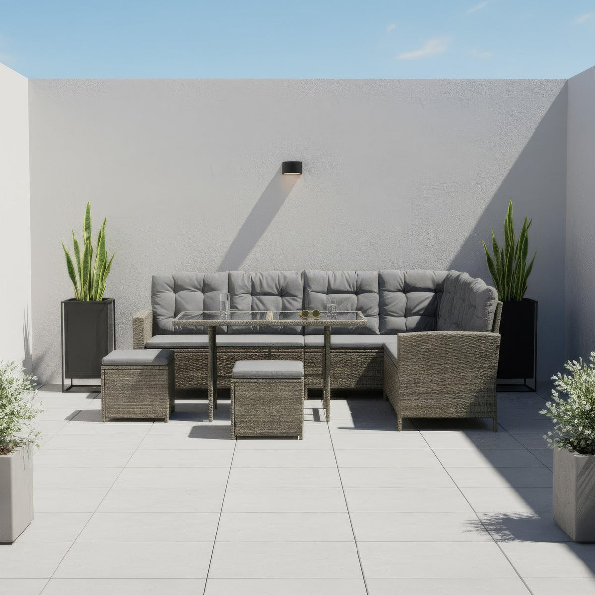 6-Piece Rattan Cushioned Patio Set with Glass Table - Maeve Living