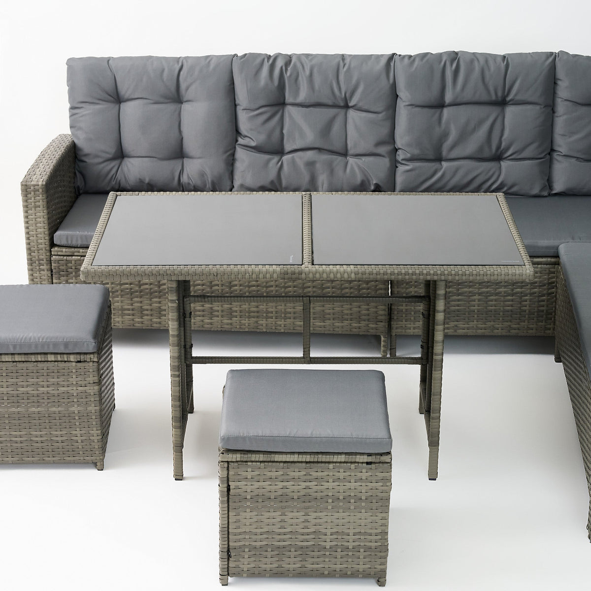 6-Piece Rattan Cushioned Patio Set with Glass Table - Maeve Living