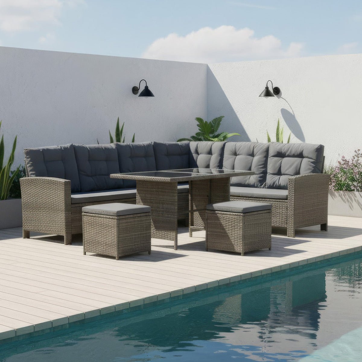 6-Piece Rattan Cushioned Patio Set with Glass Table - Maeve Living