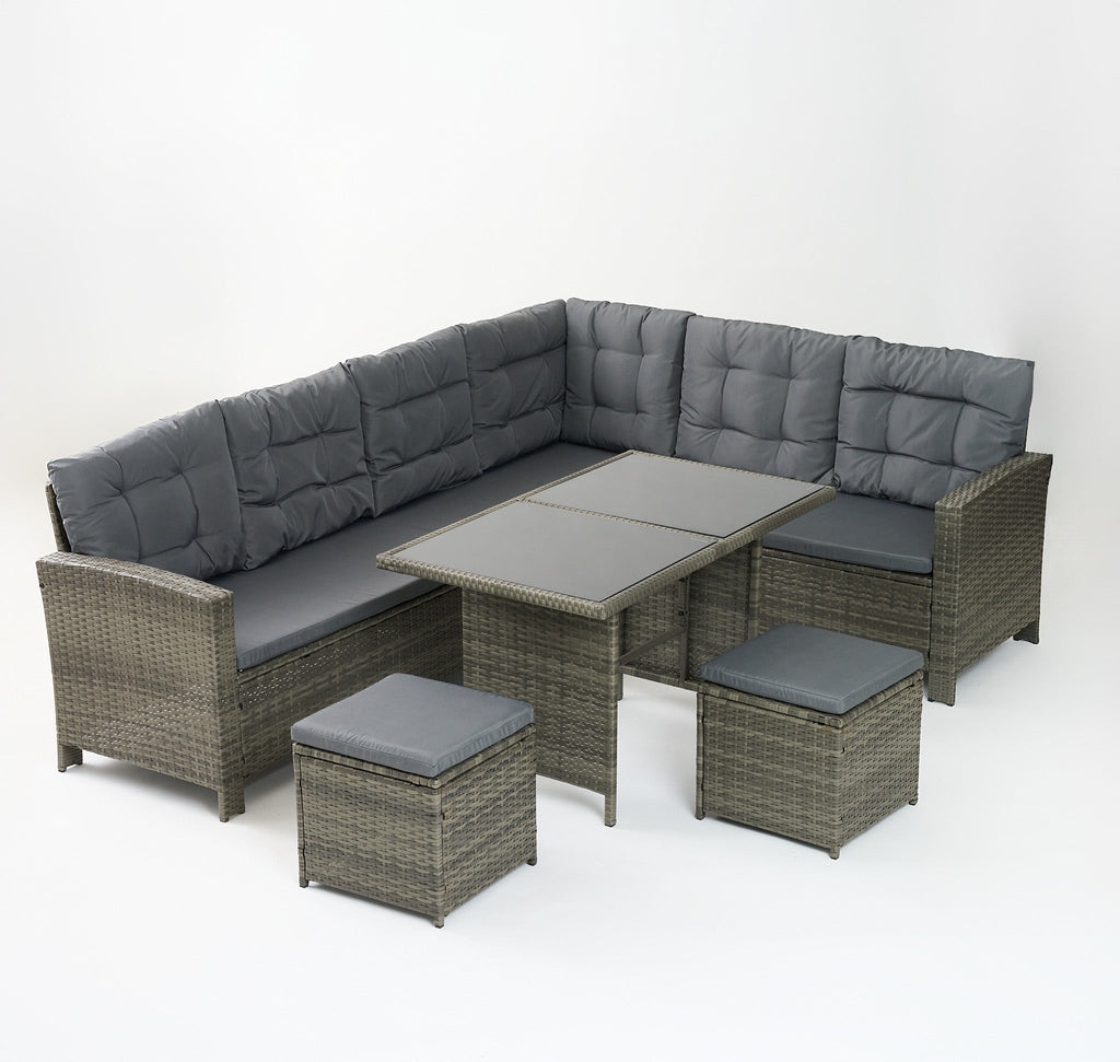 6-Piece Rattan Cushioned Patio Set with Glass Table - Maeve Living
